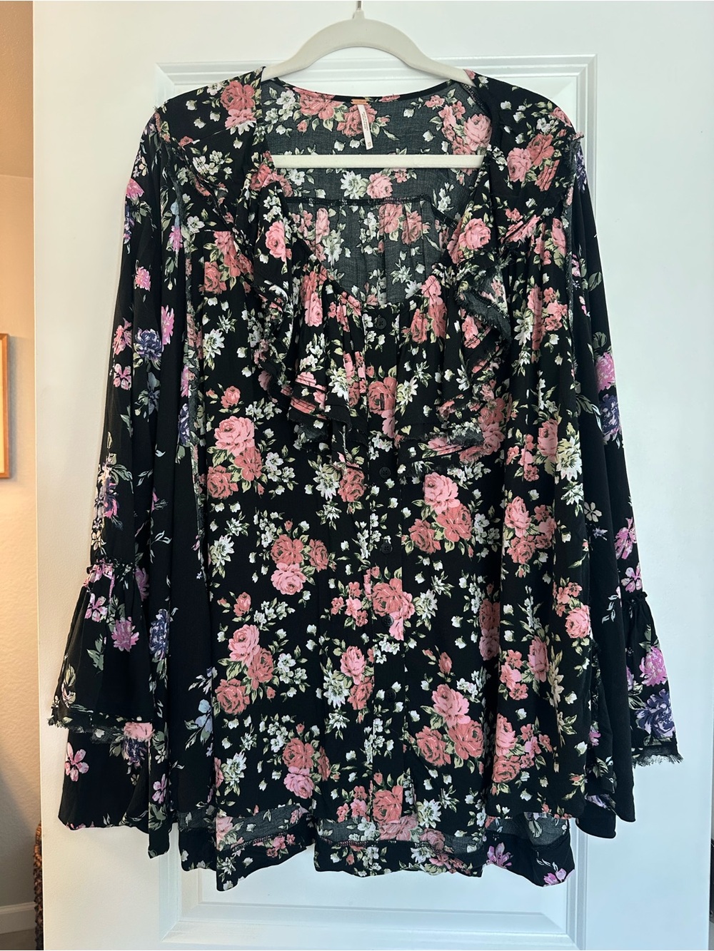 NWT XS Free People Black Floral Tunic with Pink and Lavender Flower Print